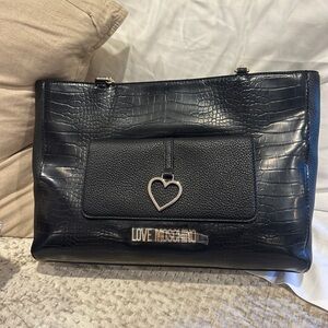 Love Moschino Black Croc-Embossed Shoulder Bag